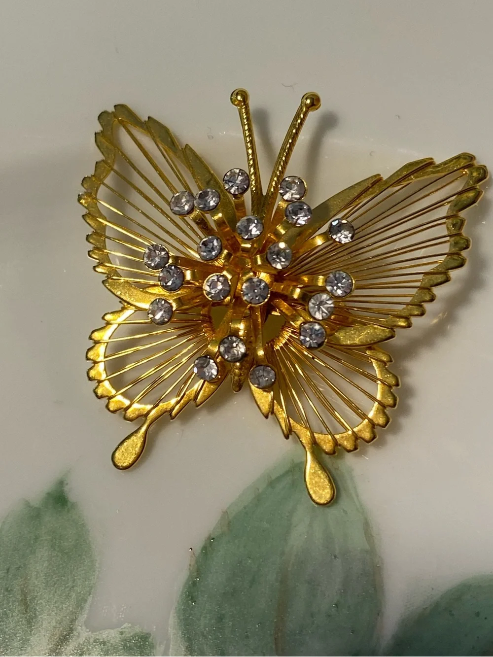 Monet Gold Butterfly Brooch with Clear Rhinestones